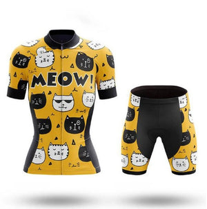 Cute Cat Print Cycling Jersey & Shorts Set Yellow