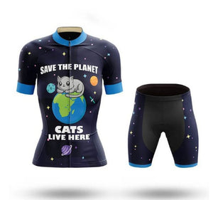 Cute Cat Print Cycling Jersey & Shorts Set Yellow