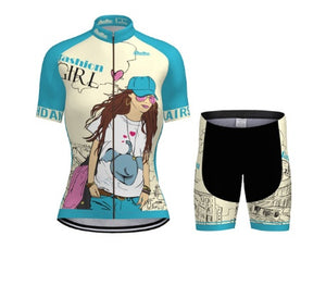 Cute Cat Print Cycling Jersey & Shorts Set Yellow