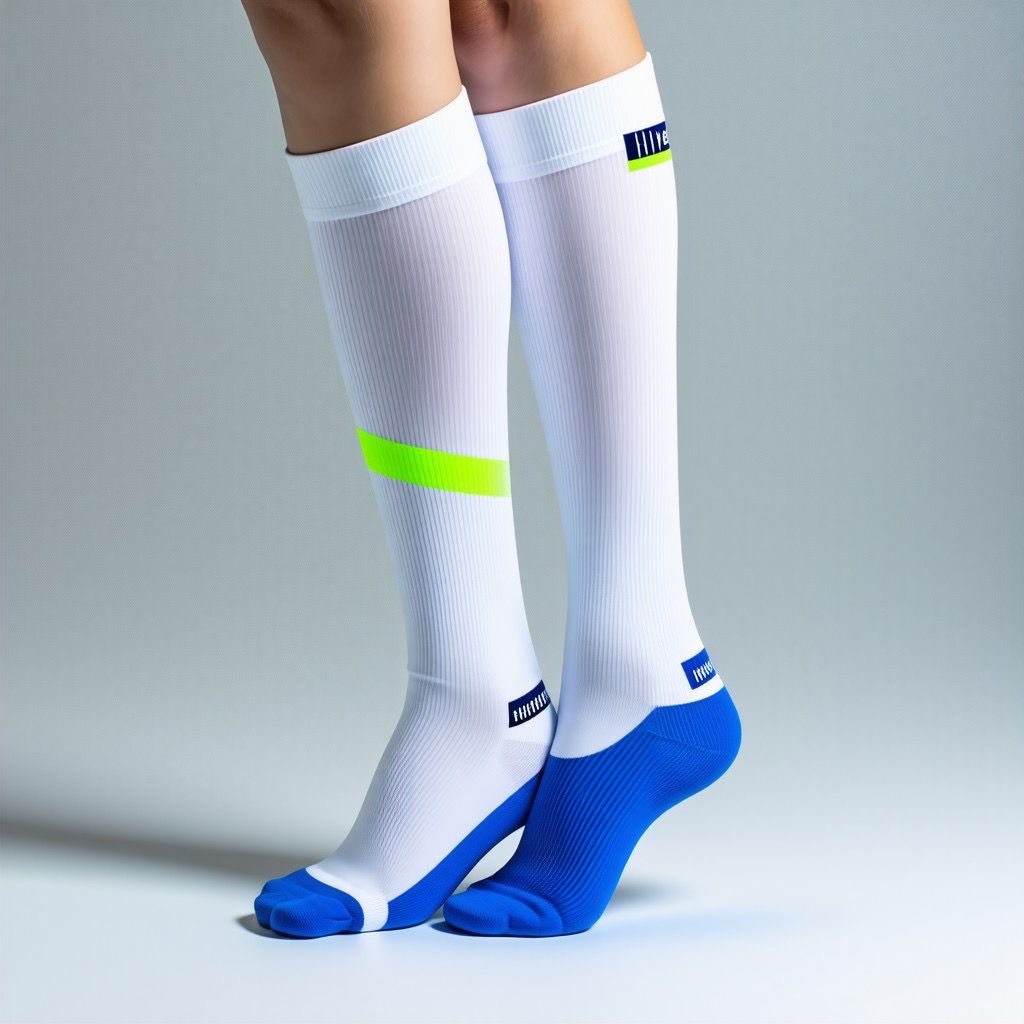 Unisex Knee-High Athletic Compression Socks White with Neon & Blue Accents