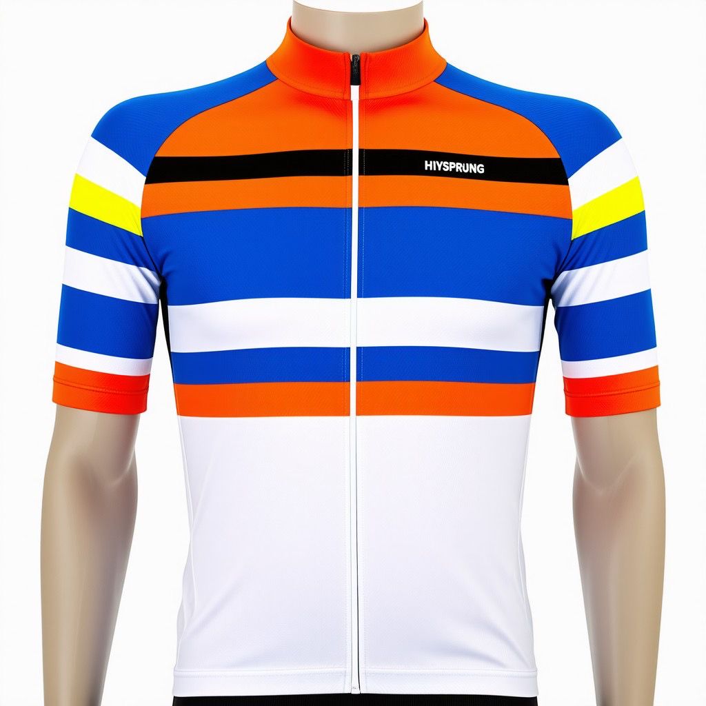 Men’s Striped Cycling Jersey Blue, Orange & White Short Sleeve Bike Shirt